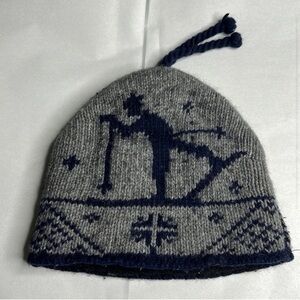 LL Bean lambswool blend fleece lined skier man gray and blue beanie hat